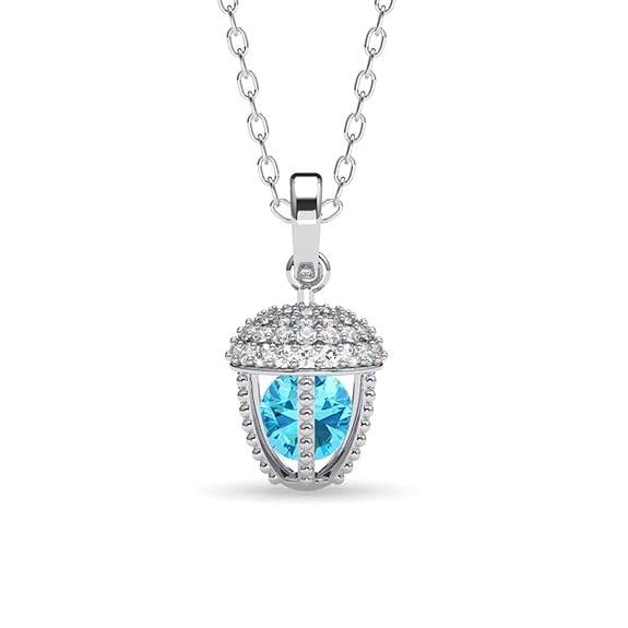925 Sterling Silver Acorn Blue Solitaire Pendant Earrings Chain Necklace Jewellery Set | Platinum Plated, Swiss Zirconia | Unique Gift for Women and Girls - Rajputtrade