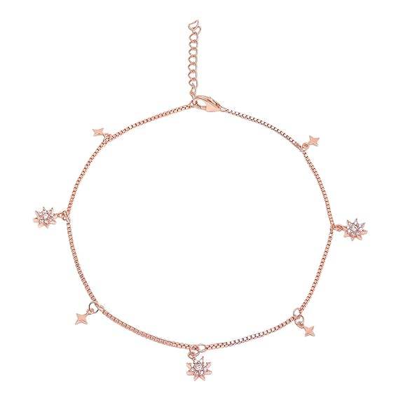 925 Sterling Silver Cubic Zirconia CZ Designer Dual Multi Stars Rose Gold Plating Anklet (Pair) | Gift for Women & Girls | - Rajputtrade