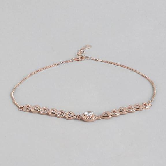 925 Sterling Silver Cubic Zirconia Heart Rose Gold Plating Chain Anklet (Single) | Gift for Women & Girls | - Rajputtrade