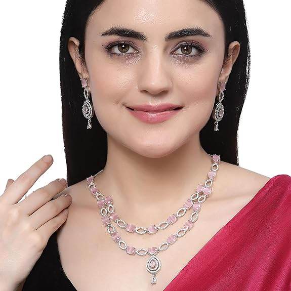 Abstract Necklace With Earrings Jewellery Set For Girls and Women (Pink) - Rajputtrade