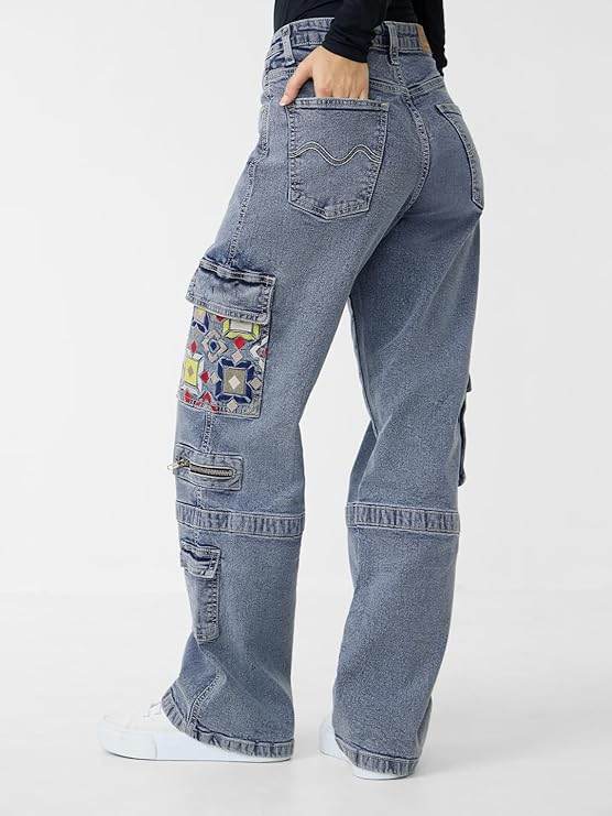 Denim: Light Blue Women and Girls Buttoned Embroidered Cotton Blend Straight Fit Cargo Jeans (Size 34) - Rajputtrade
