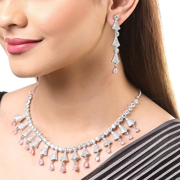Silver Toned White, Necklace With Earring Jewellery Set For Woment and Girl - Rajputtrade