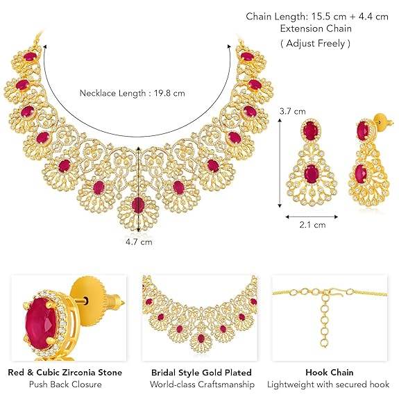 Gold Plated Cubic Zirconia & Red Crystal Studded Floral Necklace & Dangle Earring - Rajputtrade