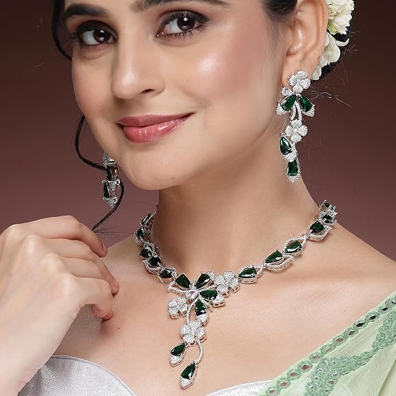 Silver Plated Brass Rhodium Coated Emerald & Necklace With Earring Jewellery Set For Women (Green) - Rajputtrade