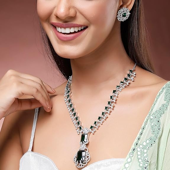 Rhodium Plated Silver Toned Brass Royale Celebrity Inspired, Cystal Jewellery Set For Women & Girls (Green) - Rajputtrade