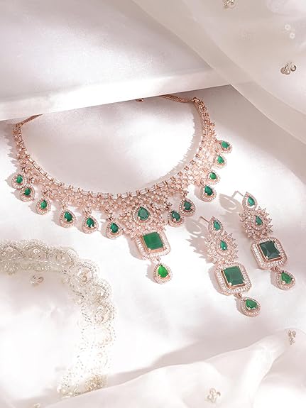 Rose Gold Plated Handcrafted Artificial Jewelry Set-Earrings For Women and Girls (Green) - Rajputtrade