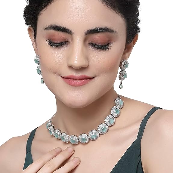 Silver Toned Triangular Shaped American Diamond Studded Jewellery Set For Women and Girl (Sea Green) - Rajputtrade