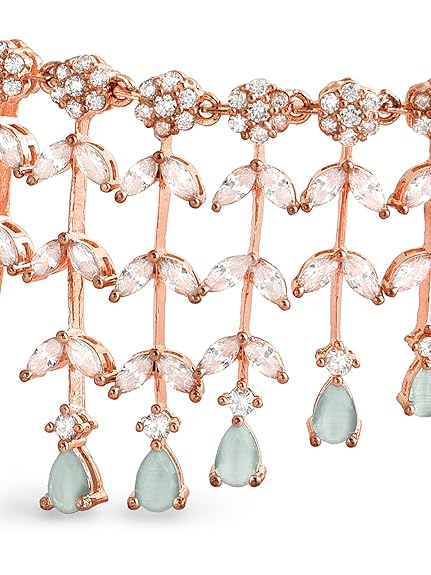 Mint Green Dazzling Cubic Zirconia Designer Brass Necklace Earring Set For Women - Rajputtrade