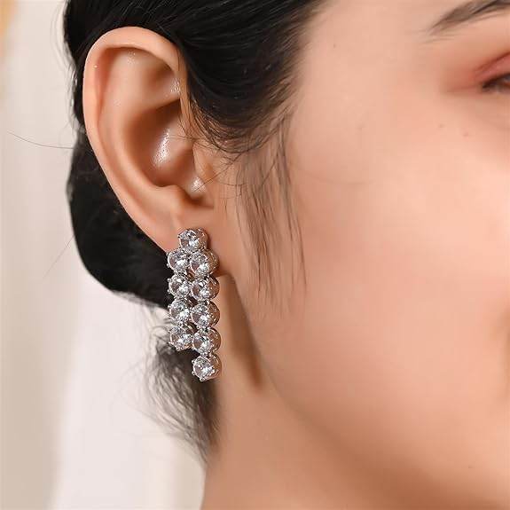 Cubic Zirconia Dual Strand Necklace Jewellery Set With Dangler Earrrings For Women/Girls (White) - Rajputtrade