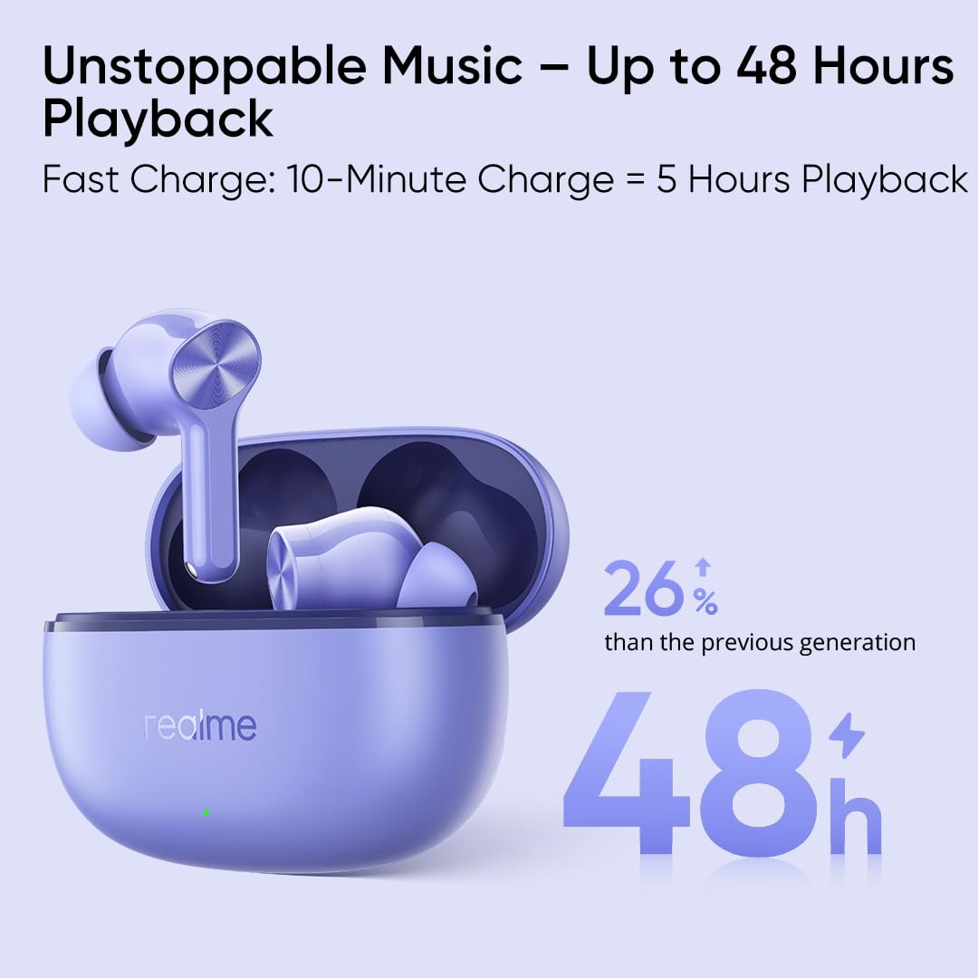 realme Buds T200 Lite Bluetooth in Ear Earbuds,4 Mic, AI ENC for Calls,48 Hours Total Playback with Fast Charging (Purple) - Rajputtrade