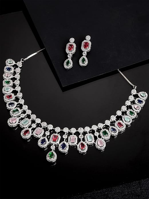 Silver Toned American Diamond Studded Jewellery Set for Women (Multicolor) - Rajputtrade