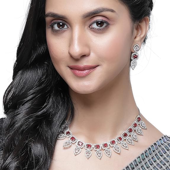 Jewellery Set Leaf Style AD/ Rose Gold Plated Handcrafted Circle Necklace Set for Women & Girls (Red) - Rajputtrade