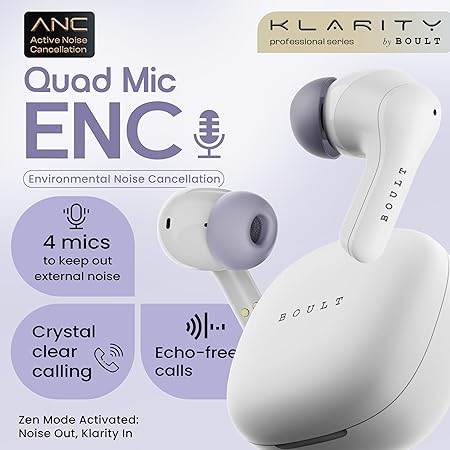Boult Buds Klarity 4 ANC in-Ear Truly Wireless Earbuds with 35dB Active Noise Cancellation, 60H Playtime (White) - Rajputtrade