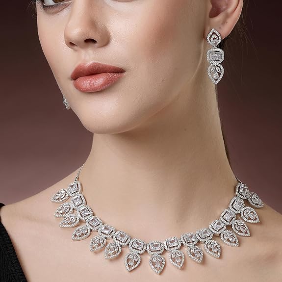 Jewellery Set Leaf Style AD/ Rose Gold Plated Handcrafted Circle Necklace Set for Women & Girls (Silver White) - Rajputtrade