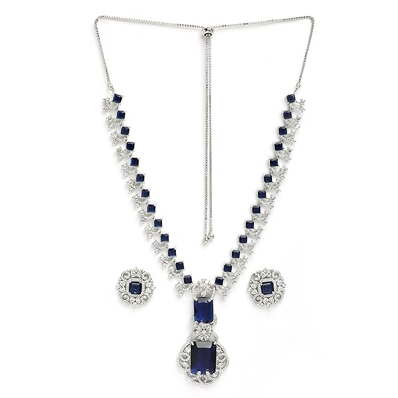 Rhodium Plated Silver Toned Brass Royale Celebrity Inspired, Cystal Jewellery Set For Women & Girls (Blue) - Rajputtrade