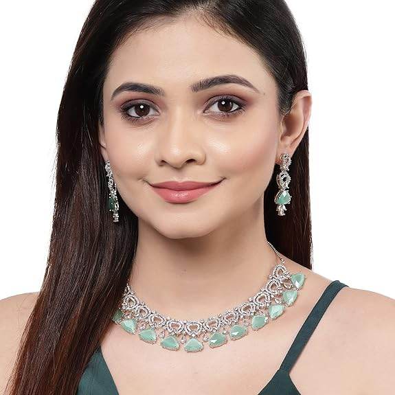Choker Necklace And Drop Earrings Jewellery Set For Women (Sea Green) - Rajputtrade