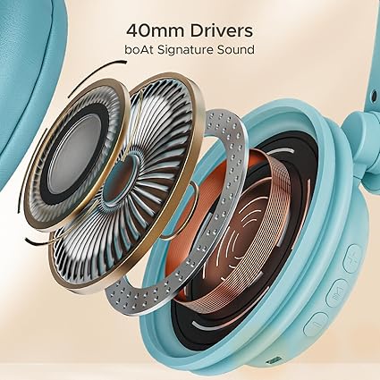 boAt Rockerz 450, 15 HRS Battery, 40mm Drivers, Padded Ear Cushions, Wireless Headphone with Mic (Blue)