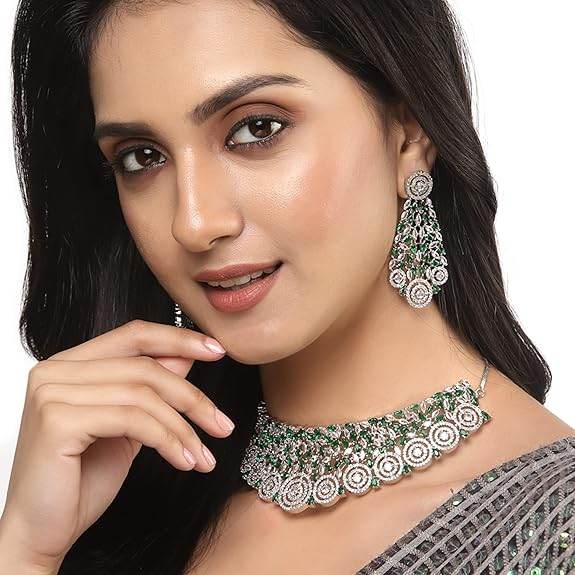 Choker Necklace with Earrings Jewellery Set with Girls and Women (Green) - Rajputtrade