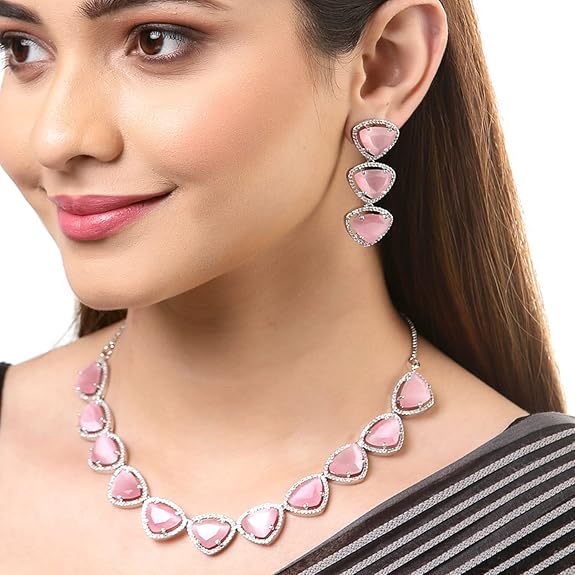 Silver Toned Triangular Shaped American Diamond Studded Jewellery Set For Women and Girl (Pink) - Rajputtrade