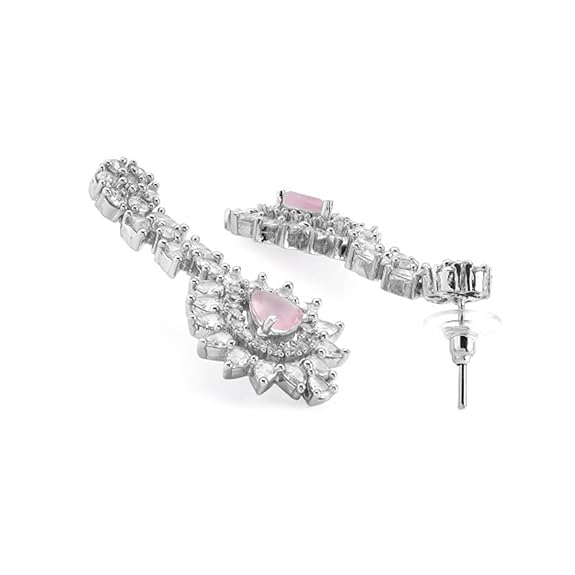 Womens Silver Plated Handcrafted Pink AD Stone Studded Necklace and Earring Set - Rajputtrade