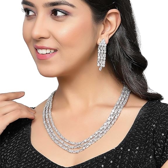 Studded Layered Necklace With Earrings Jewellery Set For Girls and Women (White) - Rajputtrade