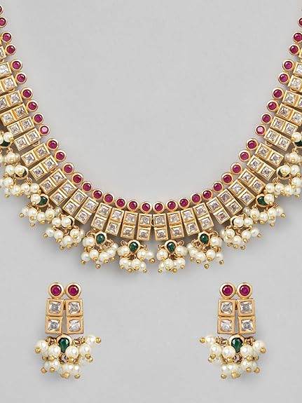 24K Gold-Plated Handcrafted Artificial Lotus Motif Jewelry Set with Earrings For Women and Girls - Rajputtrade