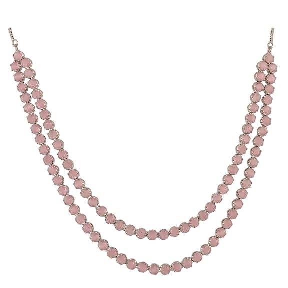 Cubic Zirconia Dual Strand Necklace Jewellery Set With Dangler Earrrings For Women/Girls (Pink) - Rajputtrade
