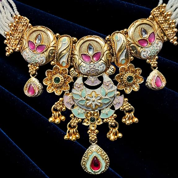 Rajwadi Floral Design Chokor Motimala Jewellery for Girls pink and green - Rajputtrade