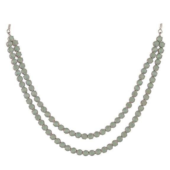 Cubic Zirconia Dual Strand Necklace Jewellery Set With Dangler Earrrings For Women/Girls (Mint Green) - Rajputtrade