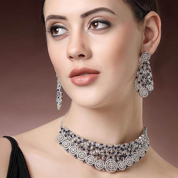 Choker Necklace with Earrings Jewellery Set with Girls and Women (Silver Blue) - Rajputtrade