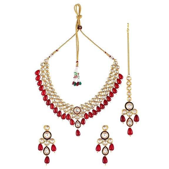 Kundan Elegance Round Cut Gems Beaded Maang Tika Set For Women - Rajputtrade