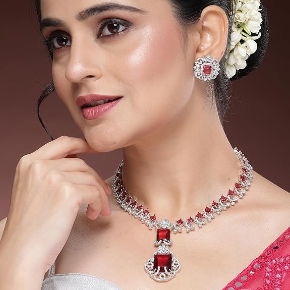 Rhodium Plated Silver Toned Brass Royale Celebrity Inspired, Cystal Jewellery Set For Women & Girls - Rajputtrade