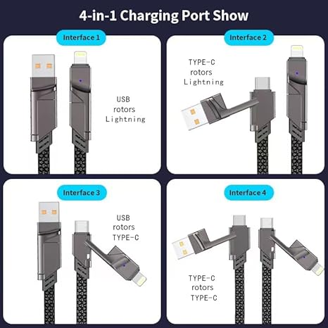 4 in 1 Metal Flat Braided Indestructible Cable 1.2m 60W with Type C, type C to C, type A | iPhones, iPads, Macbooks (Grey)