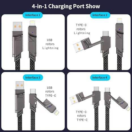 4 in 1 Metal Flat Braided Indestructible Cable 1.2m 60W with Type C, type C to C, type A | iPhones, iPads, Macbooks (Grey) - Rajputtrade