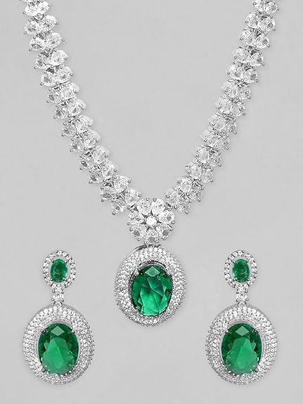 Women's Rhodium Plated Premium White & Emerald Solitaire Zircons Pendant Necklace Set - Rajputtrade