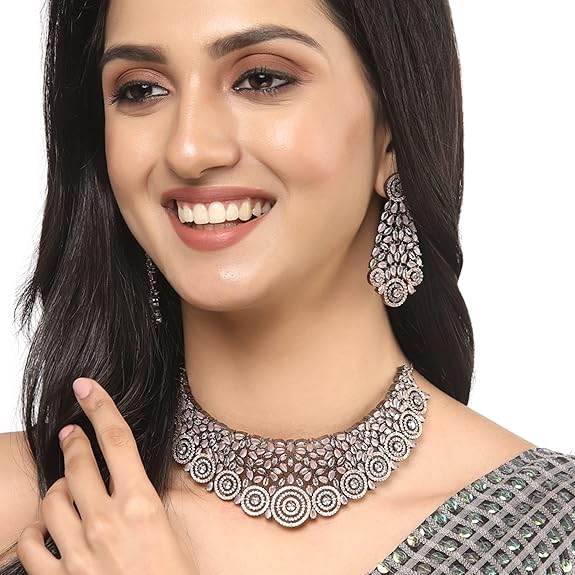 Choker Necklace with Earrings Jewellery Set with Girls and Women (Rose Black-Pink) - Rajputtrade