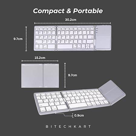 BITECHKART Foldable Bluetooth Keyboard, Pocket Size Portable Mini BT Wireless Keyboard with Touchpad for Android, Windows, PC, Tablet, with Rechargeable Li-ion Battery_20 x 10 x 3 cm Silver - Rajputtrade