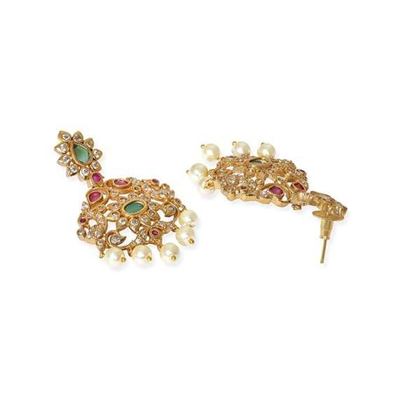 Gold Tone Temple Necklace Set with Green, Pink & White Stones by For Women - Rajputtrade