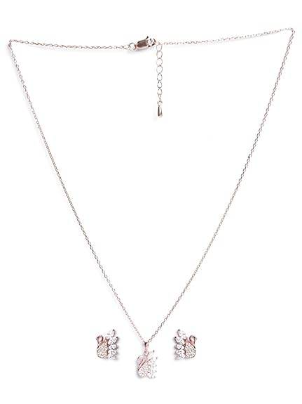 925 Sterling Silver Dancing Swan Pendant Earrings Chain Necklace Jewellery Set | Rose Gold Plated, Swiss Zirconia | Gift for Women and Girls - Rajputtrade