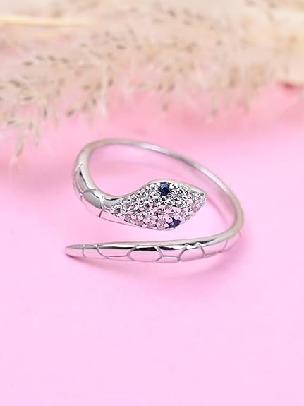 Pure 925 Sterling Silver Snake Finger Ring with Adjustable Band | Gift for Women Girls Wife Girlfriend | Swiss Zircon Rhodium Plated - Rajputtrade