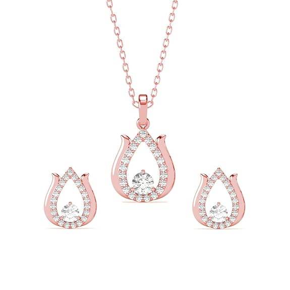 925 Sterling Silver Lotus Pendant Earrings Chain Necklace Jewellery Set | Rose Gold Plated, Swiss Zirconia | Gift for Women and Girls - Rajputtrade