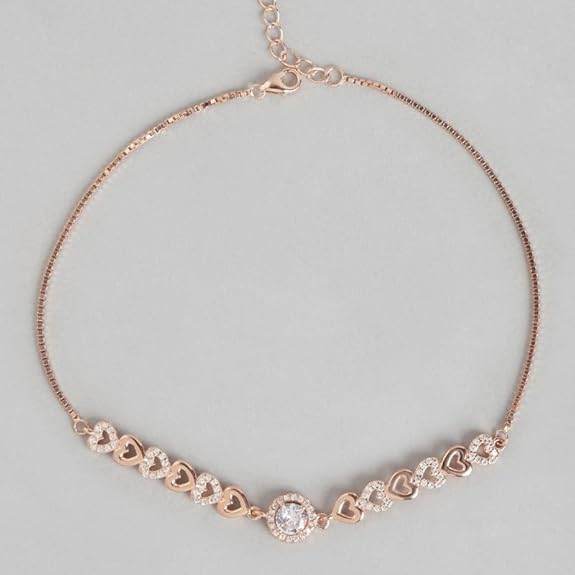 925 Sterling Silver Cubic Zirconia Heart Rose Gold Plating Chain Anklet (Single) | Gift for Women & Girls | - Rajputtrade