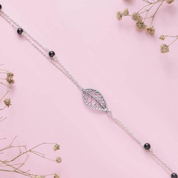 925 Sterling Silver Layered Designer Leaf Beaded Rhodium Plated Adjustable Chain Anklet (Single) | Gift for Women & Girls | - Rajputtrade
