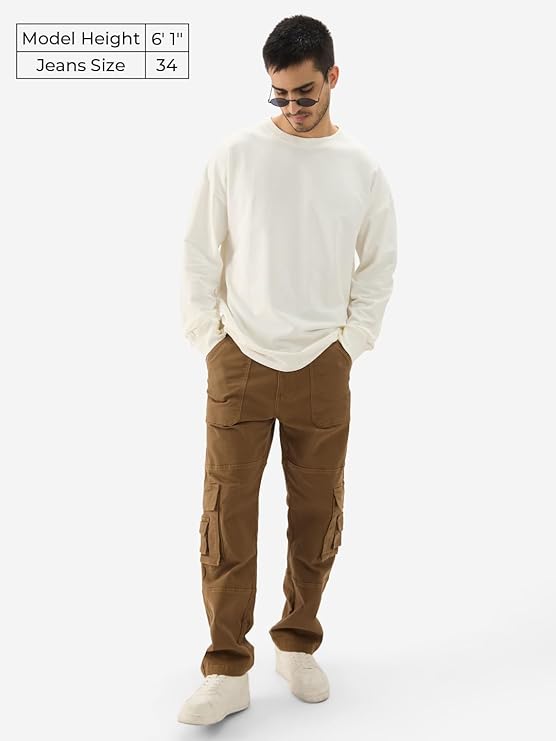 The Souled Store Solids: Rustic Men and Boys Straight Fit Cargo Pants Brown Jeans - Rajputtrade
