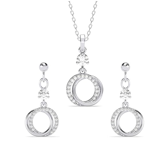 925 Sterling Silver Circle of Joy Pendant Earrings Chain Necklace Jewellery Set | Platinum Plated, Swiss Zirconia | Gift for Women and Girls