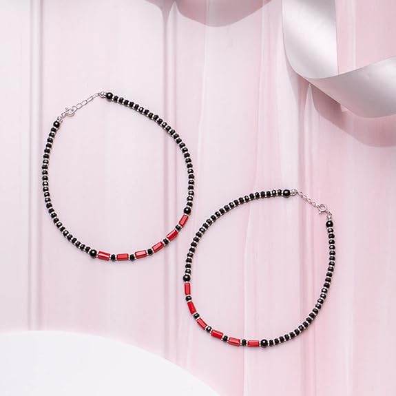 925 Sterling Silver Designer Black and Red Rhodium Plated Adjustable Beaded Anklet (Pair) | Gift for Women & Girls | - Rajputtrade