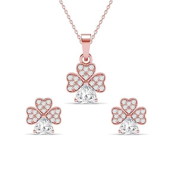 925 Sterling Silver Bunch of Hearts Pendant Earrings Chain Necklace Jewellery Set | Rose Gold Plated, Swiss Zirconia |Gift for Women and Girls - Rajputtrade