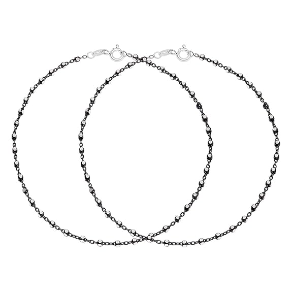 925 Sterling Silver Beaded Black Rhodium Plated Chain Anklet (Pair) | Gift for Women & Girls | - Rajputtrade