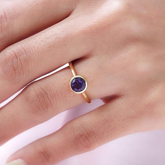 925 Sterling Silver Birthstone Ring for Women | 2 Ct Solitaire Bezel Set Gemstone | 18K Gold Plated | - Rajputtrade