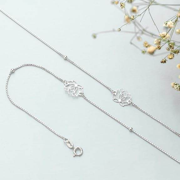 925 Sterling Silver Designer Lotus Floral Rhodium Plated Adjustable Chain Anklet (Pair) | Gift for Women & Girls | - Rajputtrade